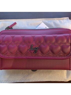 NWT- LUG- SATIN LUXE KICKFLIP SE CROSSBODY WALLET ( Hearts interior)- Raspberry